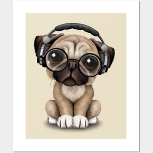 Cute Pug Puppy Dj Wearing Headphones and Glasses Posters and Art